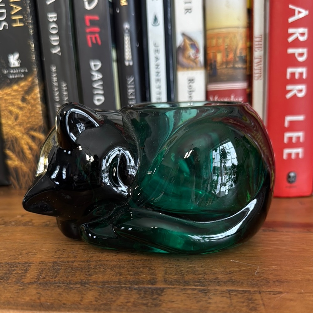 Green Glass Cat Figurine Votive Holder